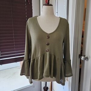Elegant Olive Button-Front Peplum Blouse